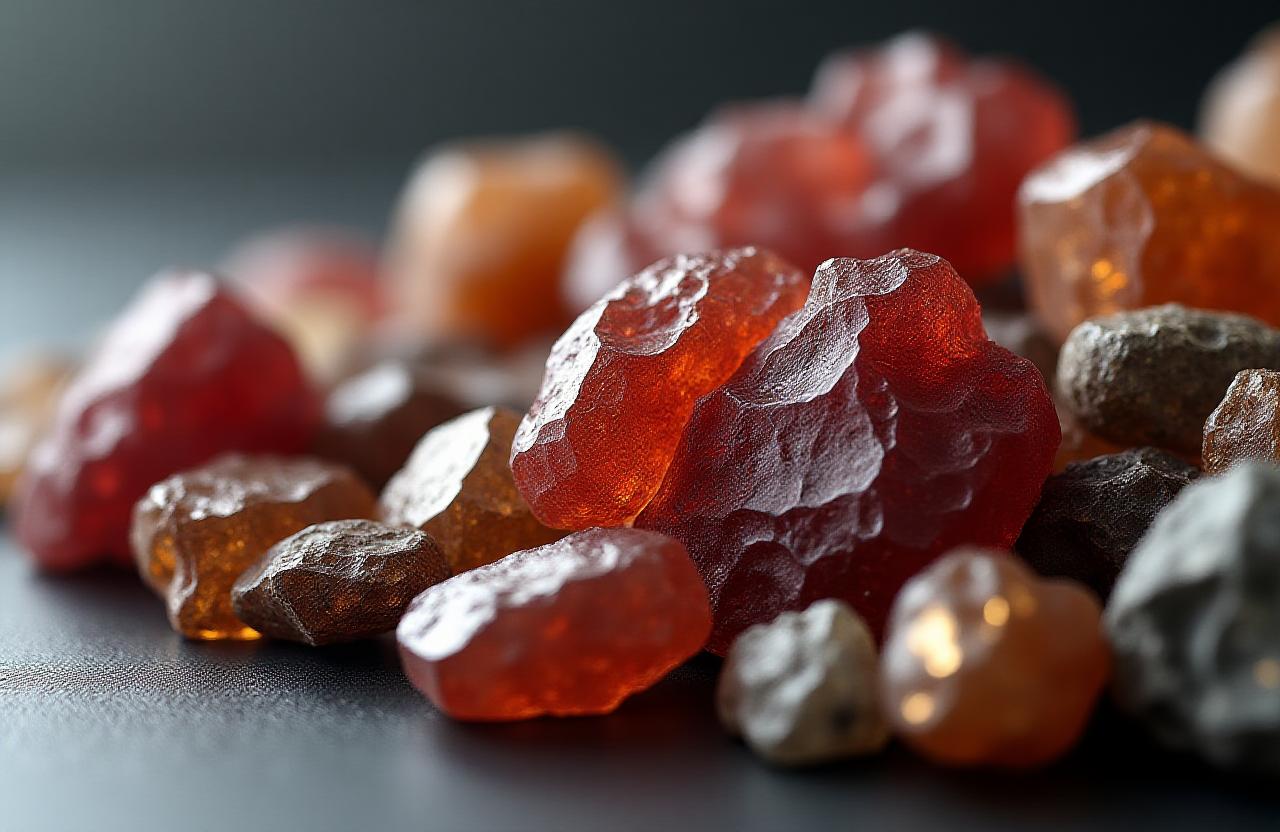 Close-up high quality raw ores and minerals display